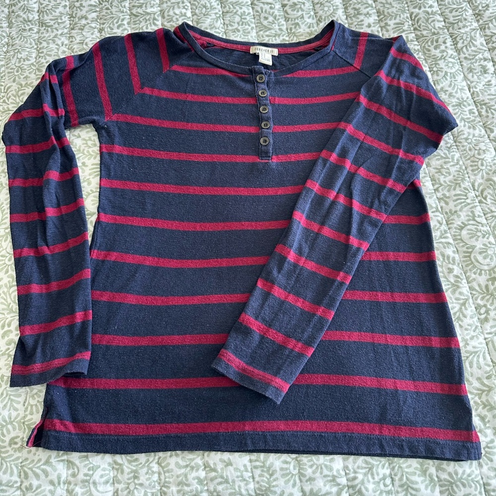 Forever 21 Navy and Red Button-Up striped Top - Picture 2 of 5